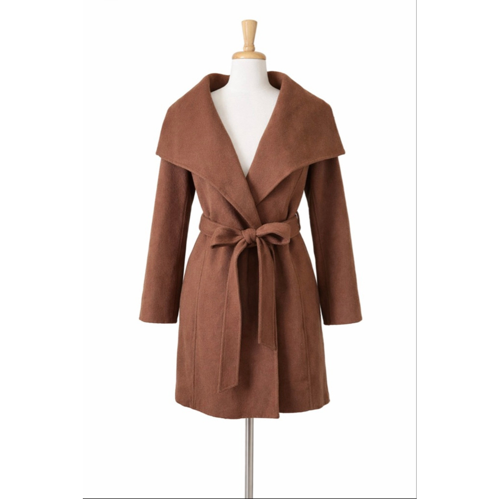 Tahari Belted Wool Blend Wrap Coat Brown Shawl Collar Size M